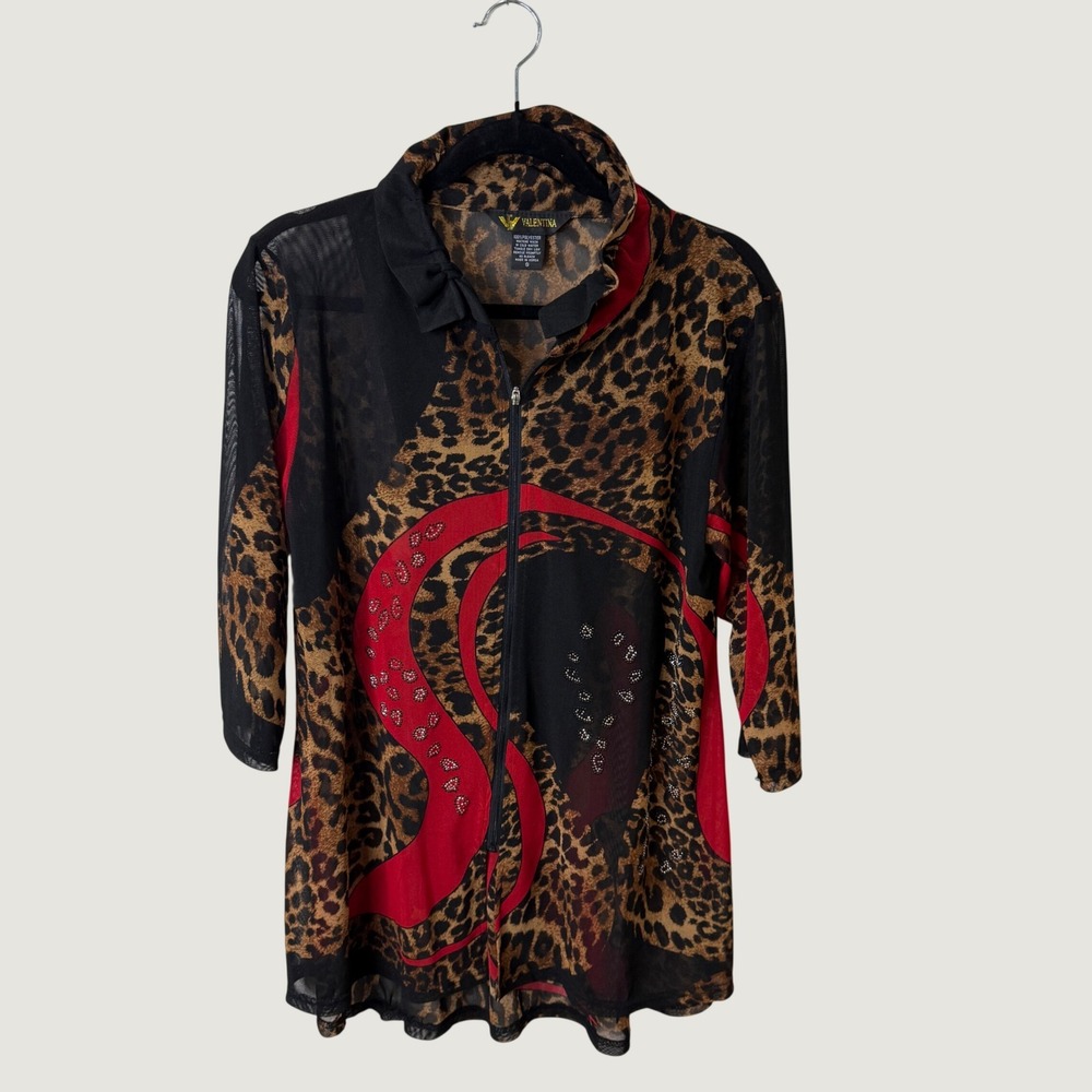 Valentina Leopard Mesh Zip Up Top Red Rhinestone Small Y2K Streetwear Baddie